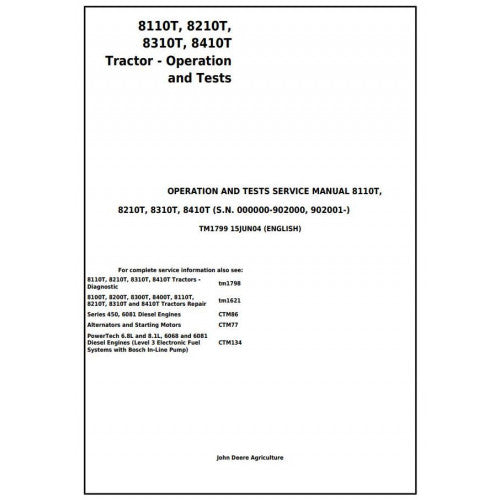 TM1799 John Deere 8110T, 8210T, 8310T, 8410T Tracks Tractor Pdf Diagnostic, Operation and Test Service Manual
