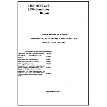 TM1801 John Deere 9450, 9550 and 9650 Combines Pdf Technical Service Manual