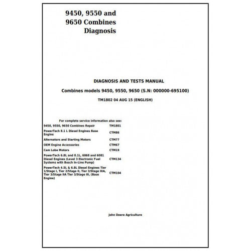TM1802 John Deere 9450, 9550 and 9650 Combines Pdf Diagnosis and Tests Service Manual