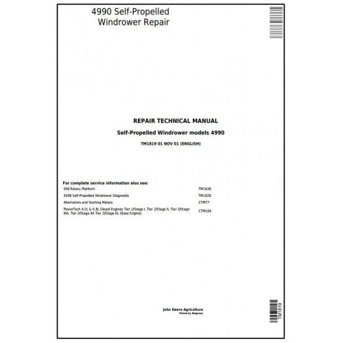 TM1819 John Deere 4990 Self-Propelled Hay and Forage Windrower Pdf Technical Service Manual