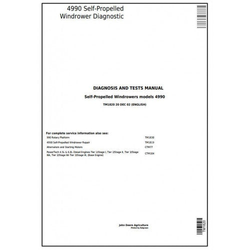 TM1820 John Deere 4990 Self-Propelled Hay and Forage Windrower Pdf Diagnosis and Tests Service Manual