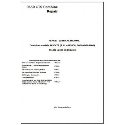 TM1821 John Deere 9650CTS Combine Pdf Repair Service Technical Manual