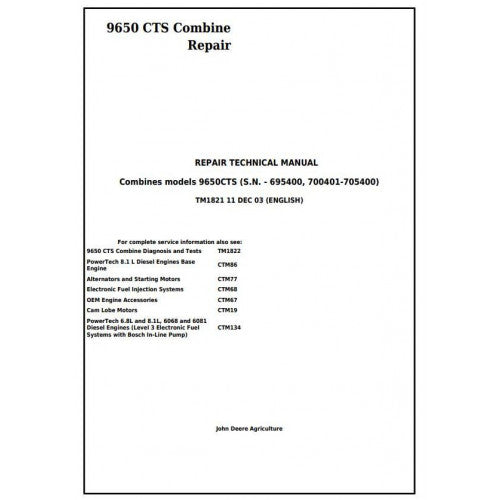 TM1821 John Deere 9650CTS Combine Pdf Repair Service Technical Manual