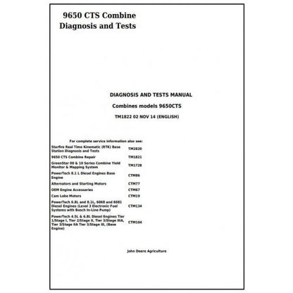 TM1822 John Deere 9650 CTS Combines Pdf Diagnosis and Tests Service Manual