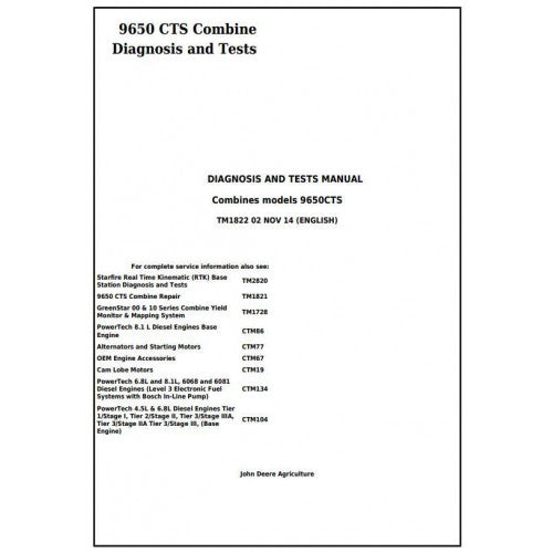 TM1822 John Deere 9650 CTS Combines Pdf Diagnosis and Tests Service Manual