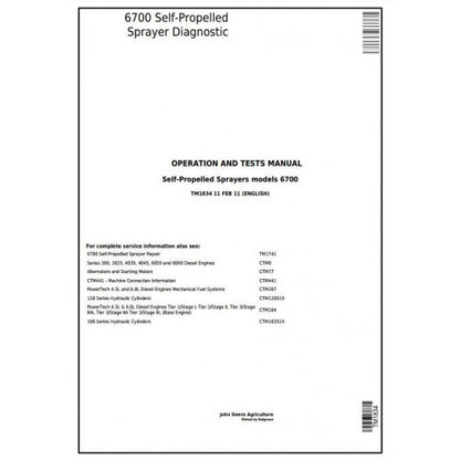 TM1834 John Deere 6700 Self-Propelled Sprayers Pdf Diagnosis and Tests Service Manual