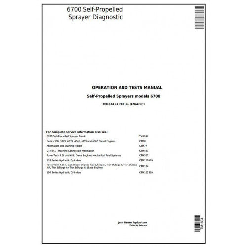 TM1834 John Deere 6700 Self-Propelled Sprayers Pdf Diagnosis and Tests Service Manual
