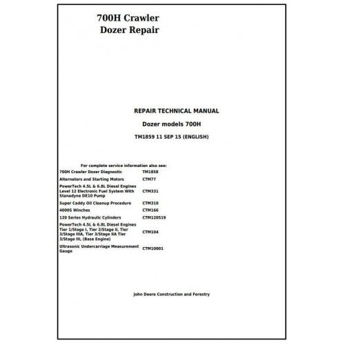 TM1859 John Deere 700H Crawler Dozer Pdf Repair Service Technical Manual
