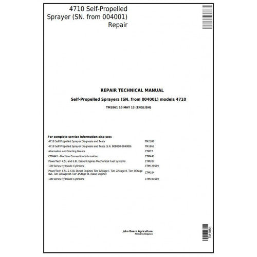 TM1861 John Deere 4710 Self-Propelled Sprayer Pdf Technical Service Manual