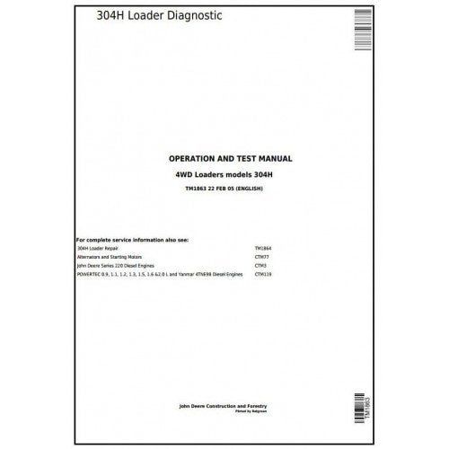 TM1863 John Deere 304H Loader 4WD Loader Pdf Diagnostic, Operation and Test Service Manual