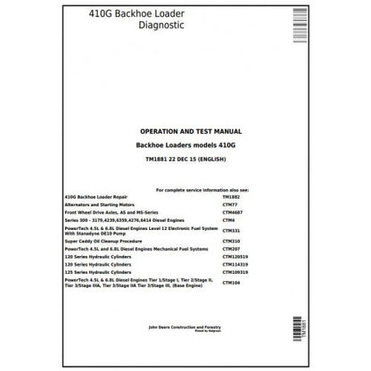 TM1881 John Deere 410G Backhoe Loader Pdf Diagnostic, Operation and Test Service Manual