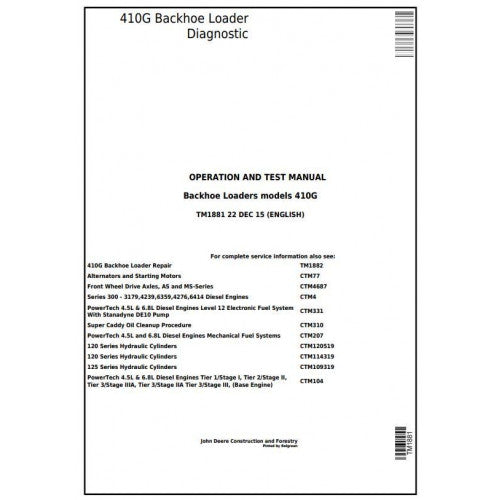 TM1881 John Deere 410G Backhoe Loader Pdf Diagnostic, Operation and Test Service Manual