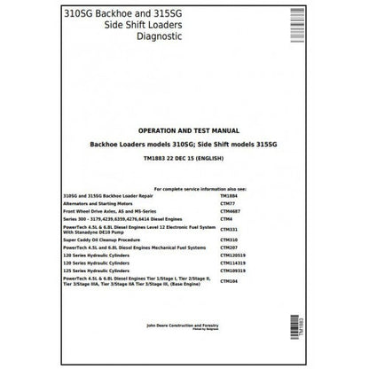 TM1883 John Deere 310SG Backhoe, 315SG Side Shift Loaders Pdf Diagnostic, Operation and Test Service Manual