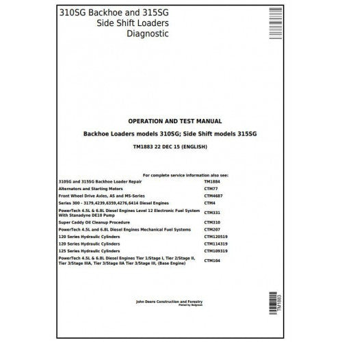 TM1883 John Deere 310SG Backhoe, 315SG Side Shift Loaders Pdf Diagnostic, Operation and Test Service Manual