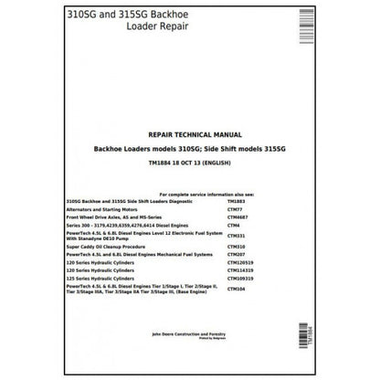 TM1884 John Deere Backhoe Loaders 310SG, 315SG Side Shift Loaders Pdf Repair Service Technical Manual