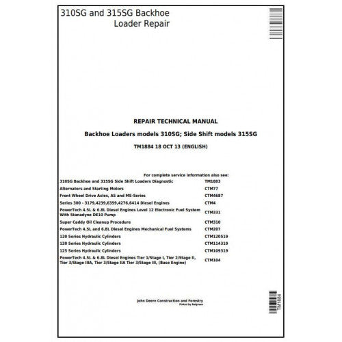 TM1884 John Deere Backhoe Loaders 310SG, 315SG Side Shift Loaders Pdf Repair Service Technical Manual