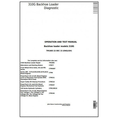 TM1885 John Deere 310G Backhoe Loader Pdf Diagnostic, Operation and Test Service Manual