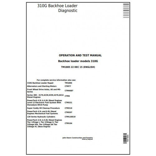 TM1885 John Deere 310G Backhoe Loader Pdf Diagnostic, Operation and Test Service Manual