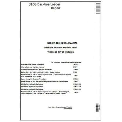 TM1886 John Deere 310G Backhoe Loader Pdf Repair Service Technical Manual