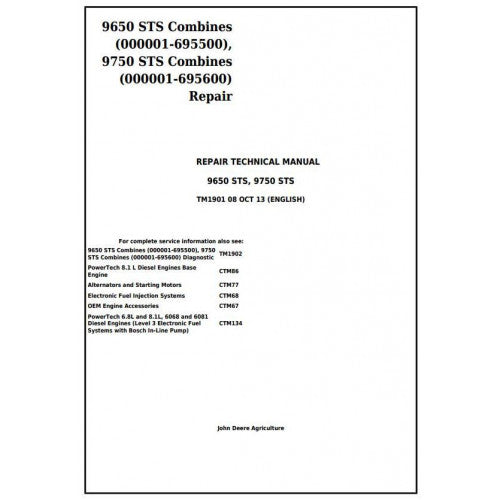 TM1901 John Deere 9650 STS, 9750 STS Combines Pdf Repair Service Technical Manual