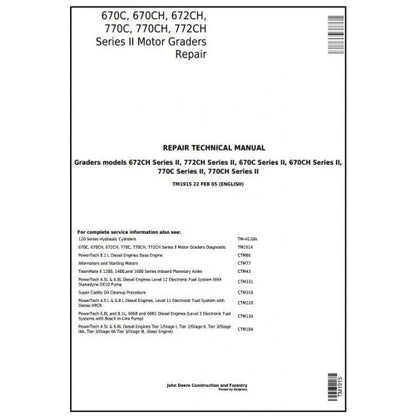 TM1915 John Deere 670C, 670CH, 672CH, 770C, 770CH, 772CH Series II Motor Grader Pdf Repair Service Technical Manual