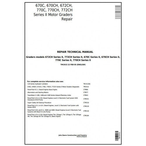 TM1915 John Deere 670C, 670CH, 672CH, 770C, 770CH, 772CH Series II Motor Grader Pdf Repair Service Technical Manual