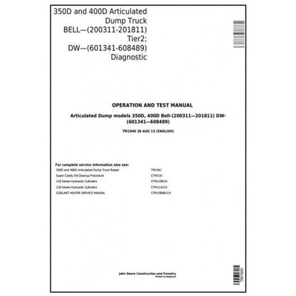 TM1940 John Deere 350D, 400D Articulated Dump Truck Pdf Operation and Tests Manual