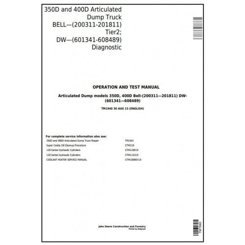 TM1940 John Deere 350D, 400D Articulated Dump Truck Pdf Operation and Tests Manual