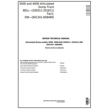 TM1941 John Deere 350D and 400D Articulated Dump Truck Pdf Repair Service Technical Manual