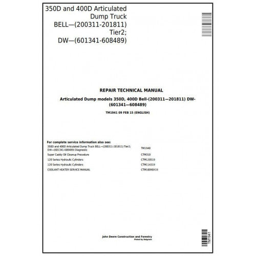 TM1941 John Deere 350D and 400D Articulated Dump Truck Pdf Repair Service Technical Manual