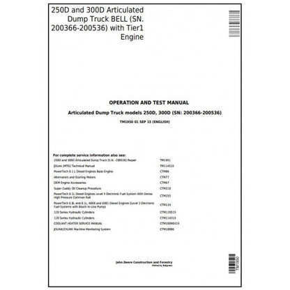 TM1950 John Deere 250D, 300D Articulated Dump Truck Pdf Operation and Tests Manual