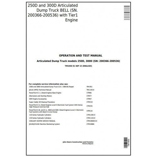 TM1950 John Deere 250D, 300D Articulated Dump Truck Pdf Operation and Tests Manual