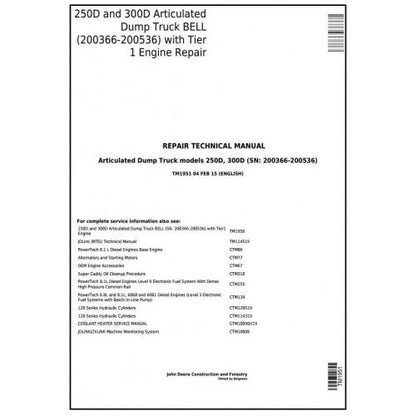 TM1951 John Deere 250D, 300D Articulated Dump Truck Pdf Repair Service Technical Manual