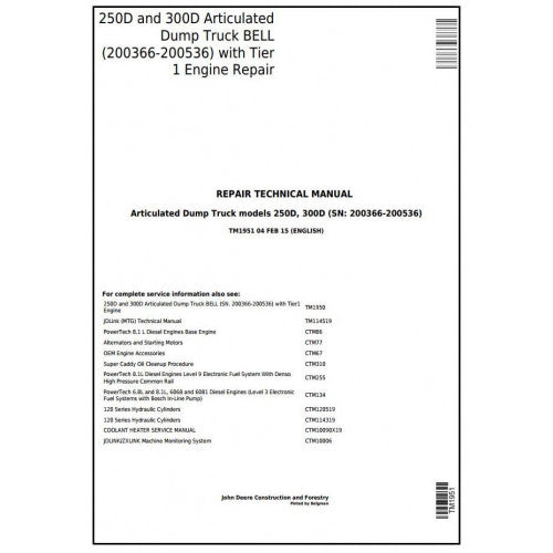 TM1951 John Deere 250D, 300D Articulated Dump Truck Pdf Repair Service Technical Manual