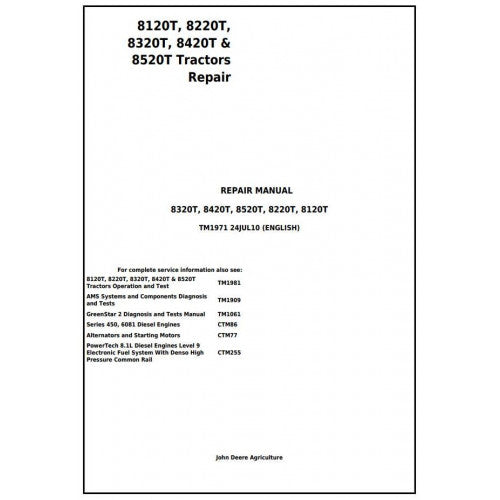 TM1971 John Deere 8120T, 8220T, 8320T, 8420T & 8520T Tracks Tractor Pdf Repair Service Technical Manual