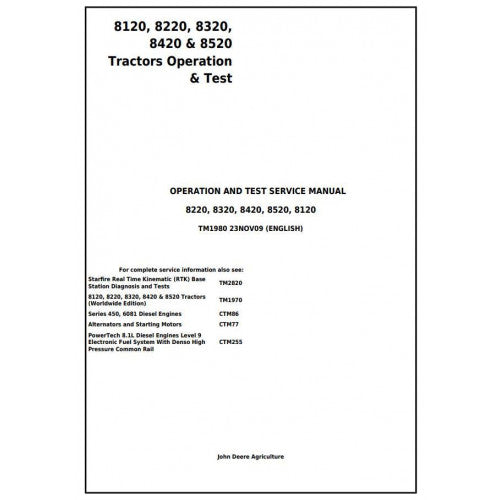 TM1980 John Deere 8120, 8220, 8320, 8420, 8520 Tractor Pdf Diagnostic, Operation and Test Service Manual