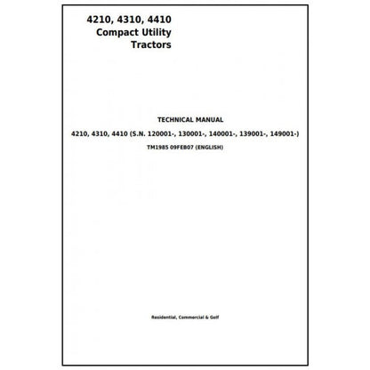 TM1985 John Deere 4210, 4310, 4410 Compact Utility Tractor Pdf Technical Service Manual