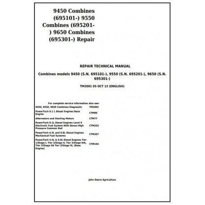 TM2001 John Deere 9450, 9550, 9650 Combines Pdf Repair Service Technical Manual