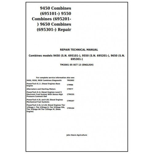 TM2001 John Deere 9450, 9550, 9650 Combines Pdf Repair Service Technical Manual
