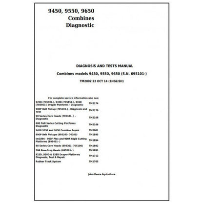 TM2002 John Deere 9450, 9550, 9650 Combines Pdf Diagnosis and Tests Service Manual