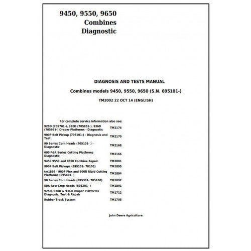 TM2002 John Deere 9450, 9550, 9650 Combines Pdf Diagnosis and Tests Service Manual