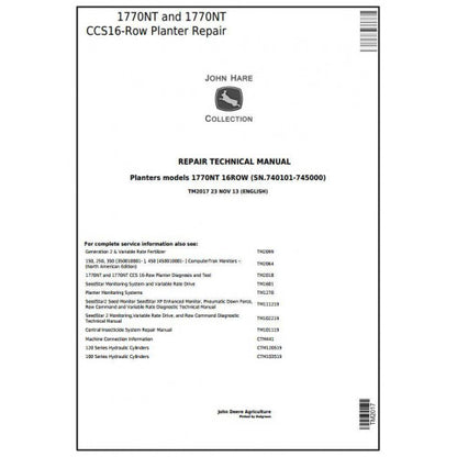 TM2017 John Deere 1770NT and 1770NT CCS 16-Row Planter Pdf Technical Service Manual