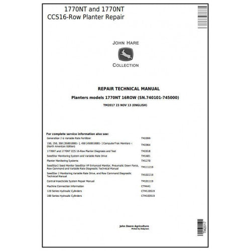 TM2017 John Deere 1770NT and 1770NT CCS 16-Row Planter Pdf Technical Service Manual