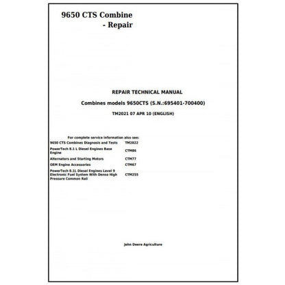 TM2021 John Deere 9650 CTS Combine Pdf Repair Service Technical Manual