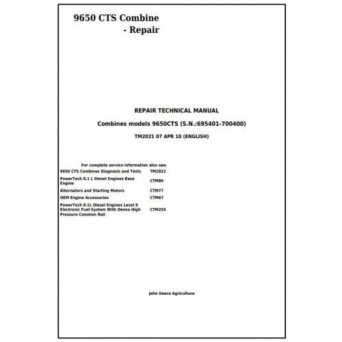 TM2021 John Deere 9650 CTS Combine Pdf Repair Service Technical Manual