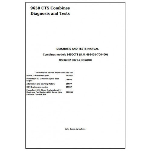 TM2022 John Deere 9650 CTS Combine Pdf Diagnosis and Tests Service Manual