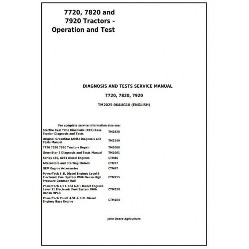 TM2025 John Deere 7720, 7820 and 7920 Tractor Pdf Diagnosis and Tests Service Manual