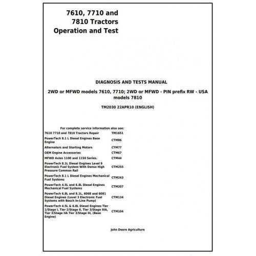 TM2030 John Deere 7610, 7710 and 7810 Tractor Pdf Diagnosis and Tests Service Manual 2