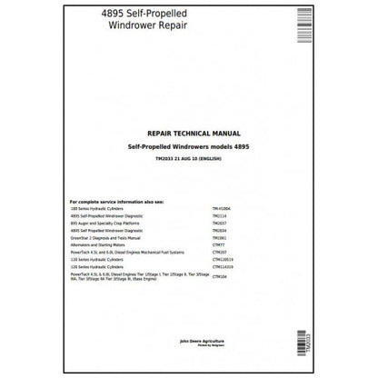 TM2033 John Deere 4895 Self-Propelled Hay and Forage Windrower Pdf Technical Service Manual