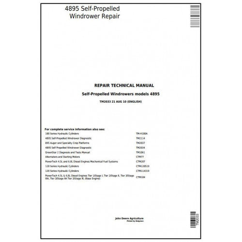TM2033 John Deere 4895 Self-Propelled Hay and Forage Windrower Pdf Technical Service Manual